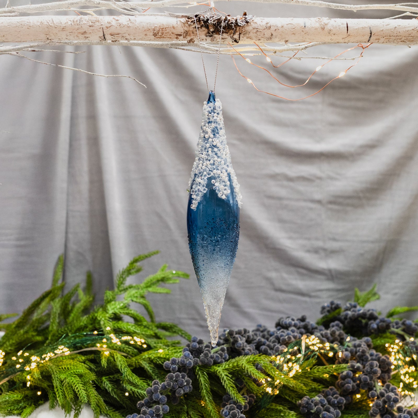 Encrusted Glass Drop Ornament Blue 9"