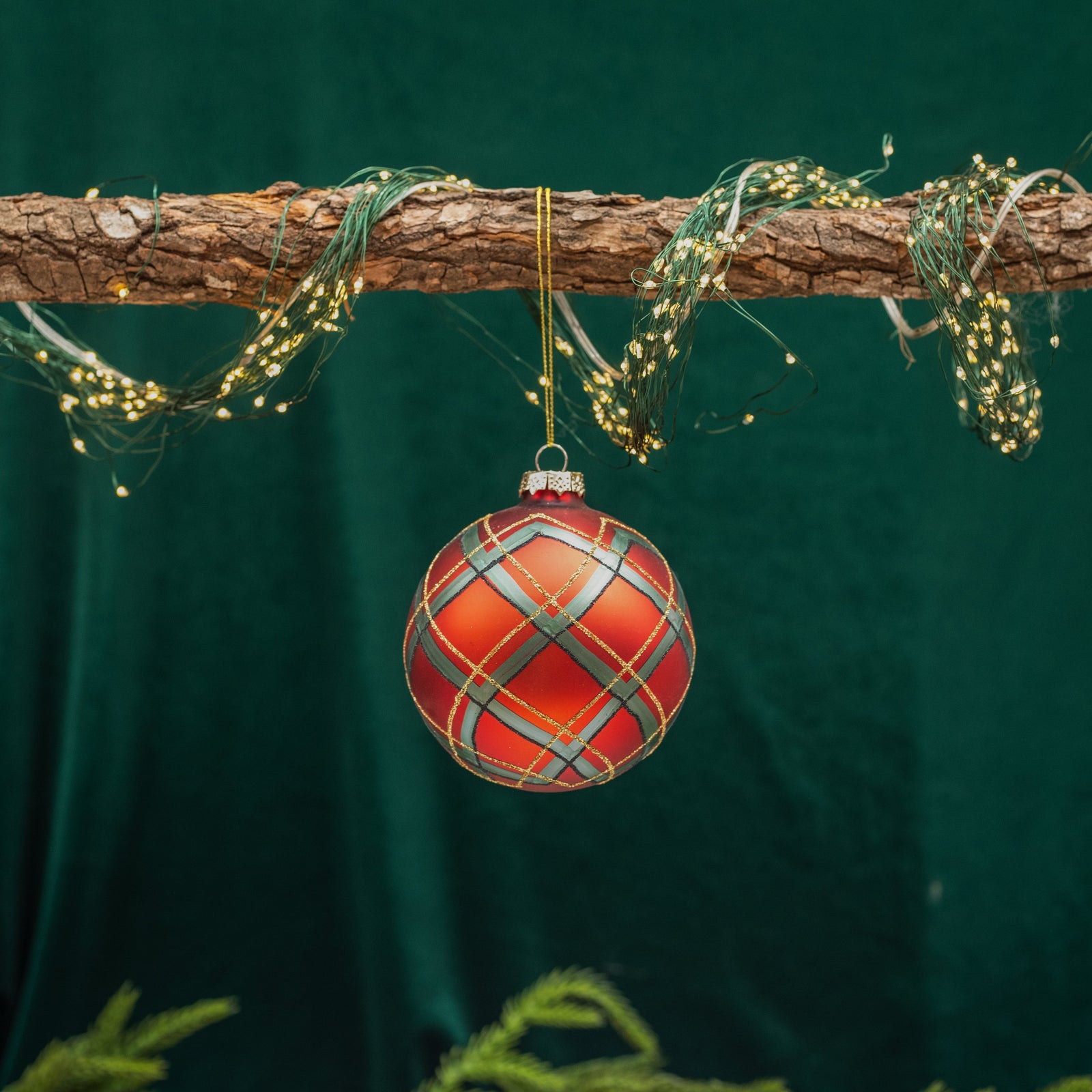 Red Plaid Ball Ornament 4"