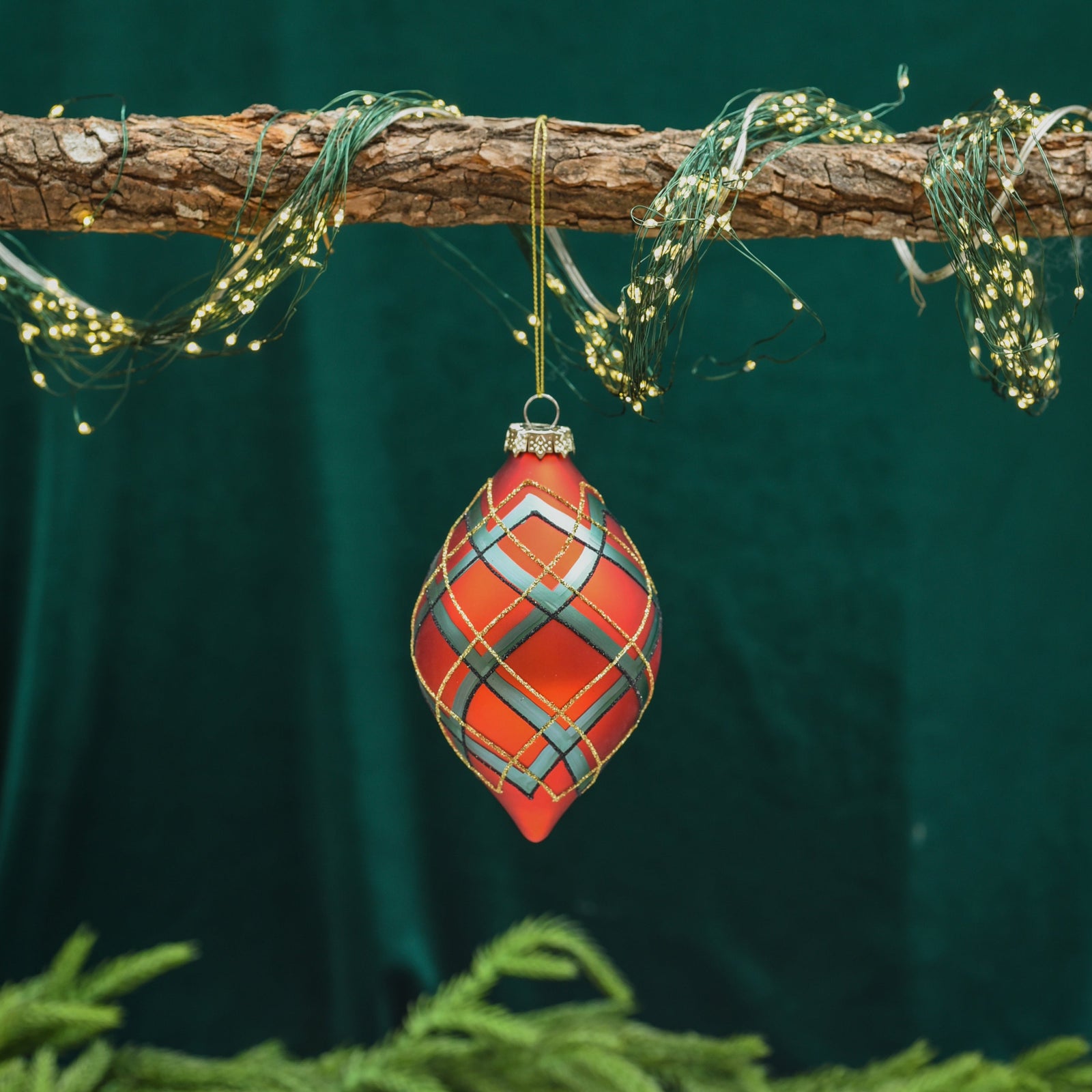 Red Plaid Drop Ornament 4"