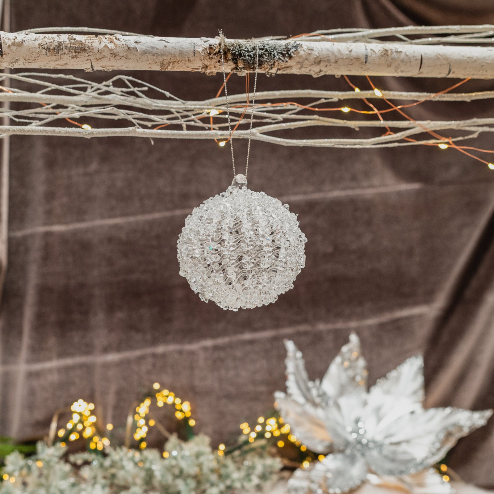 Encrsuted Glass Ball Ornament White 2.5"
