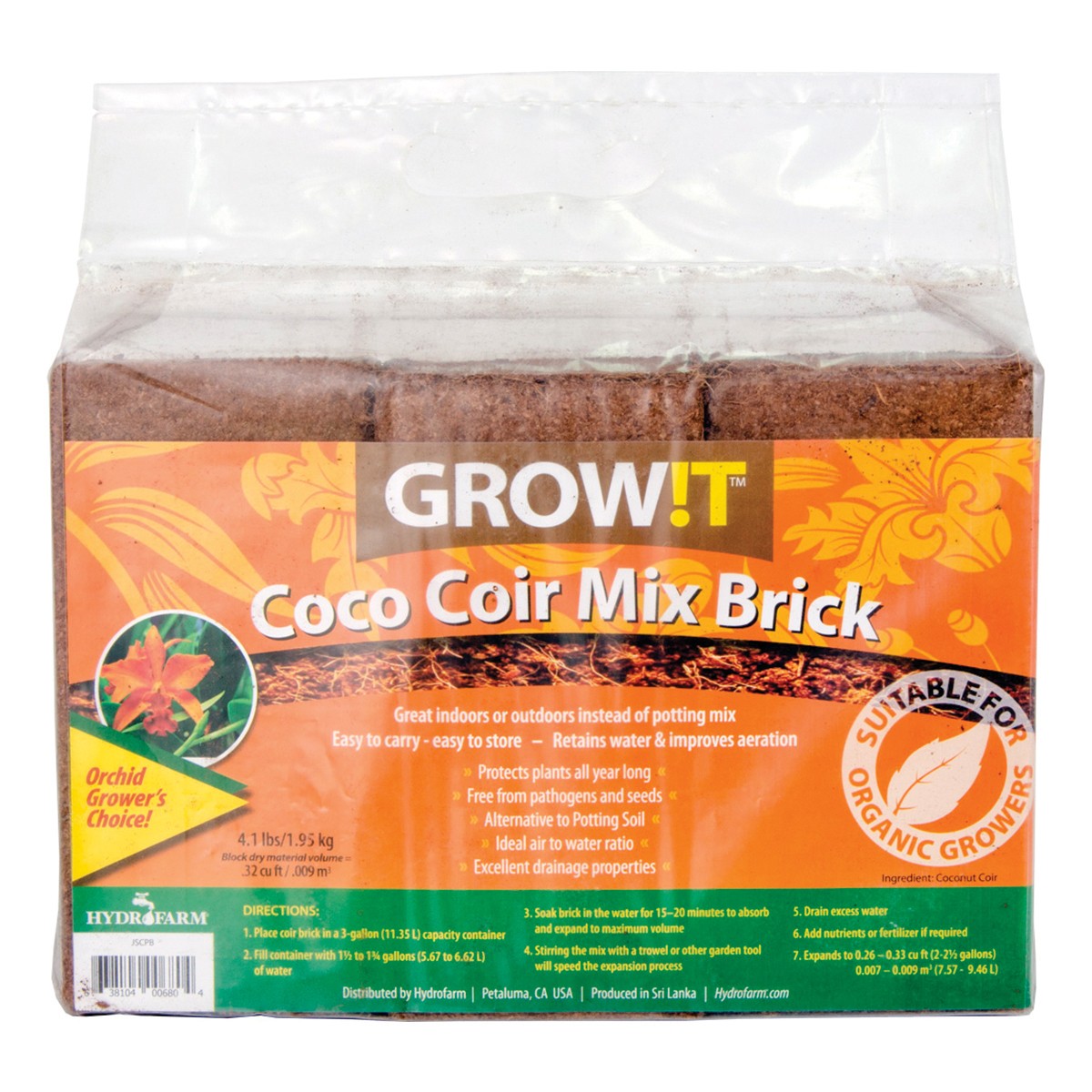 Grow!T Compressed Organic Coco Coir Brick 650g Pack of 3