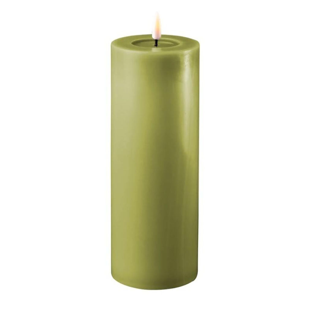 Outdoor Real Flame LED Candle 3x8in Olive Green