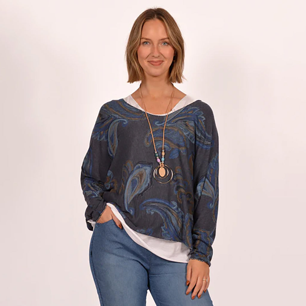 Navy Paisley Print 2 pc Top