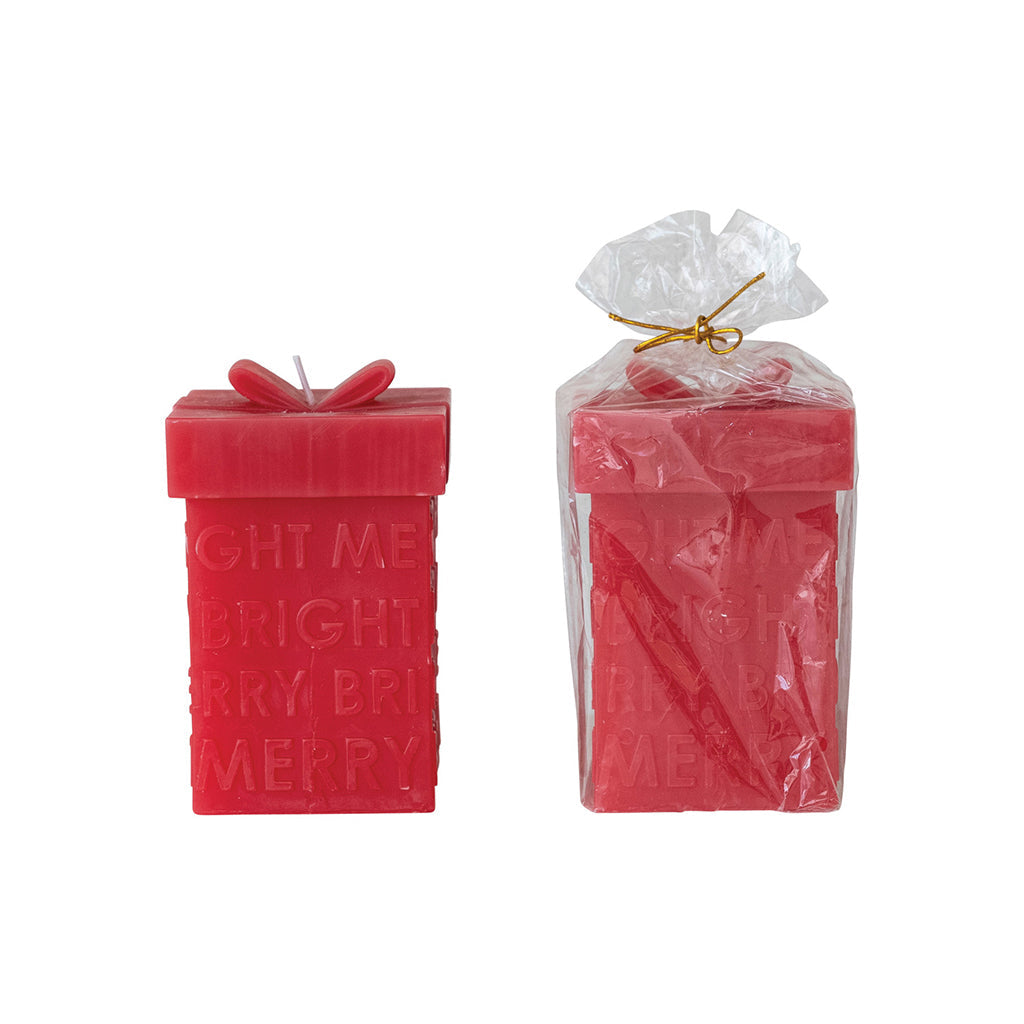 Giftbox Shaped Candle Merry and Bright 5.5&quot; Red