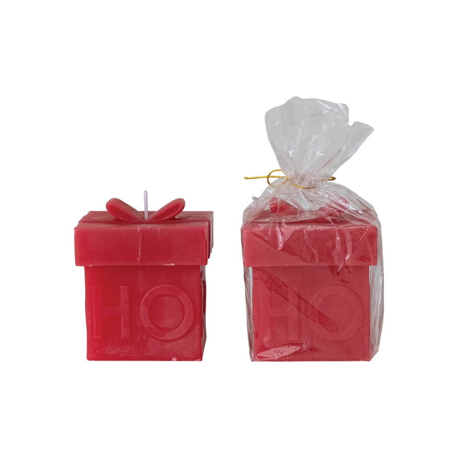 Giftbox Shaped Candle HoHoHo 4" Red