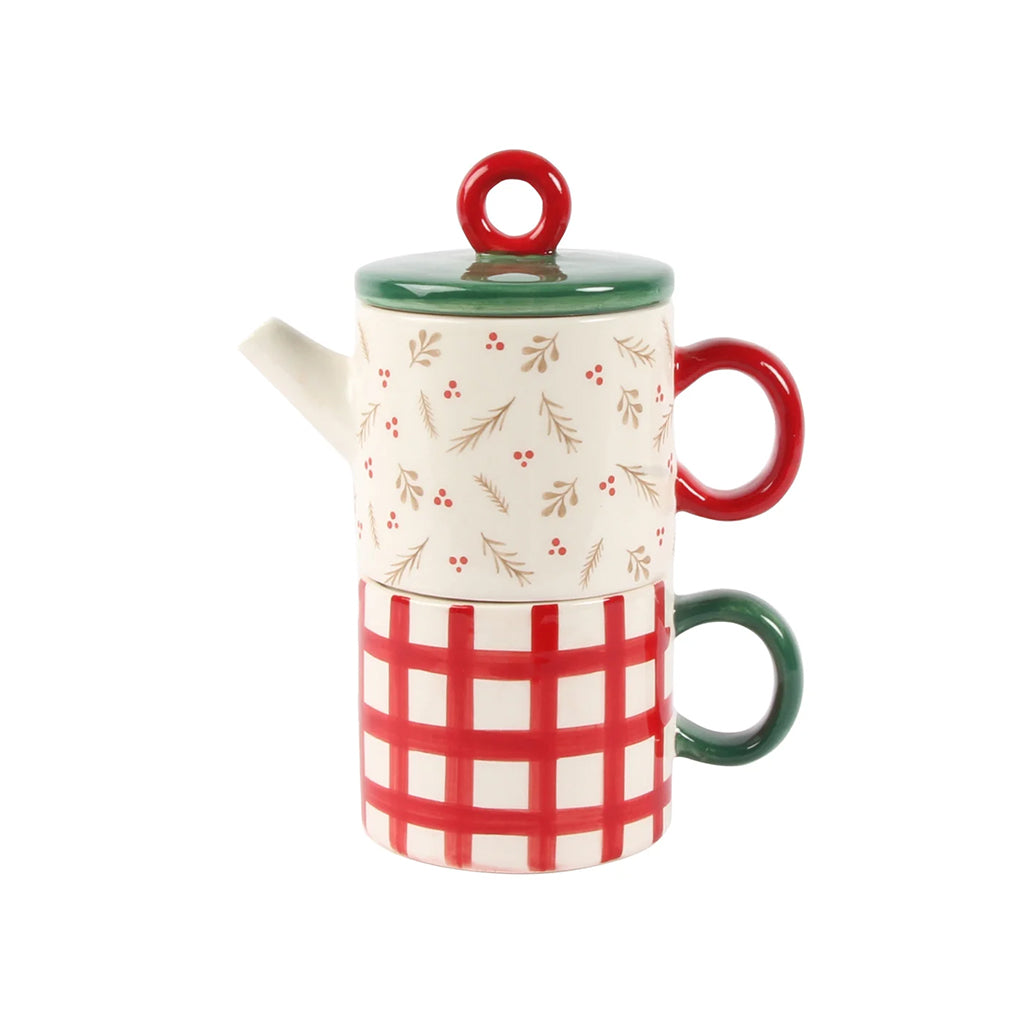 Holly Stacked Tea &amp; Mug Set Red