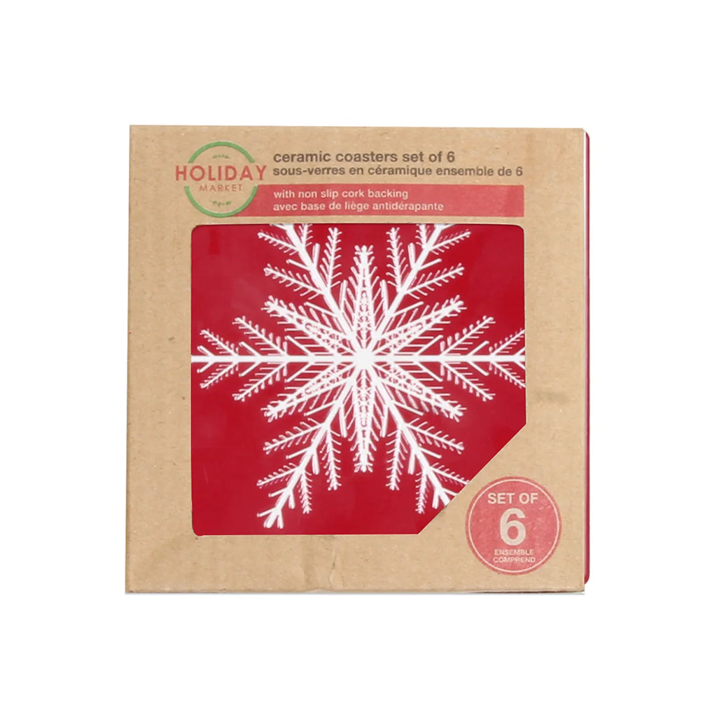 Merry Snowflake Textured Printed Ceramic Coaster S/6 Red