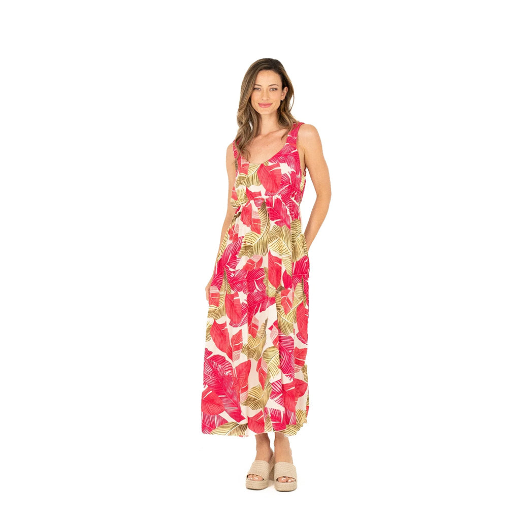 Woven Sleeveless Maxi Dress Raspberry Palms