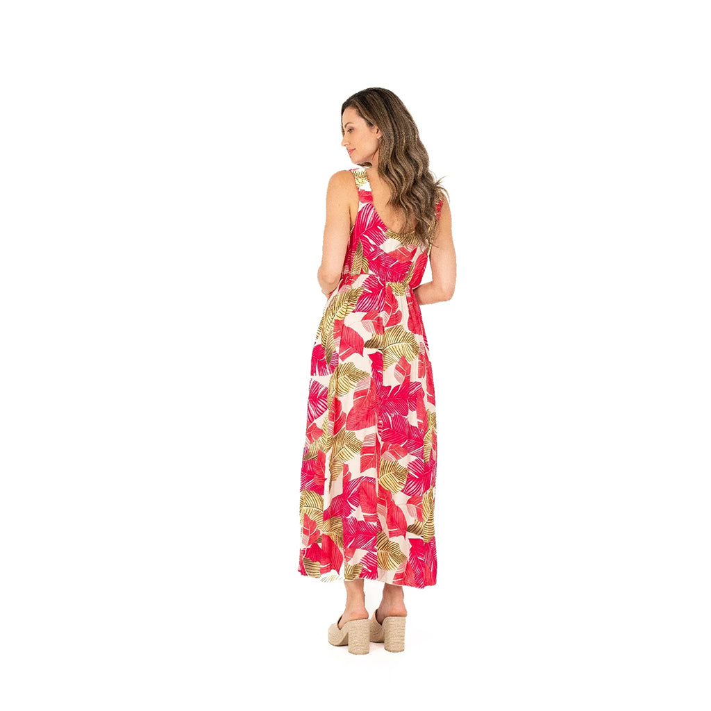 Woven Sleeveless Maxi Dress Raspberry Palms