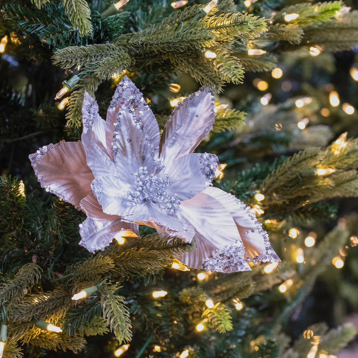 Metallic Sequin Poinsettia Stem Silver 24"