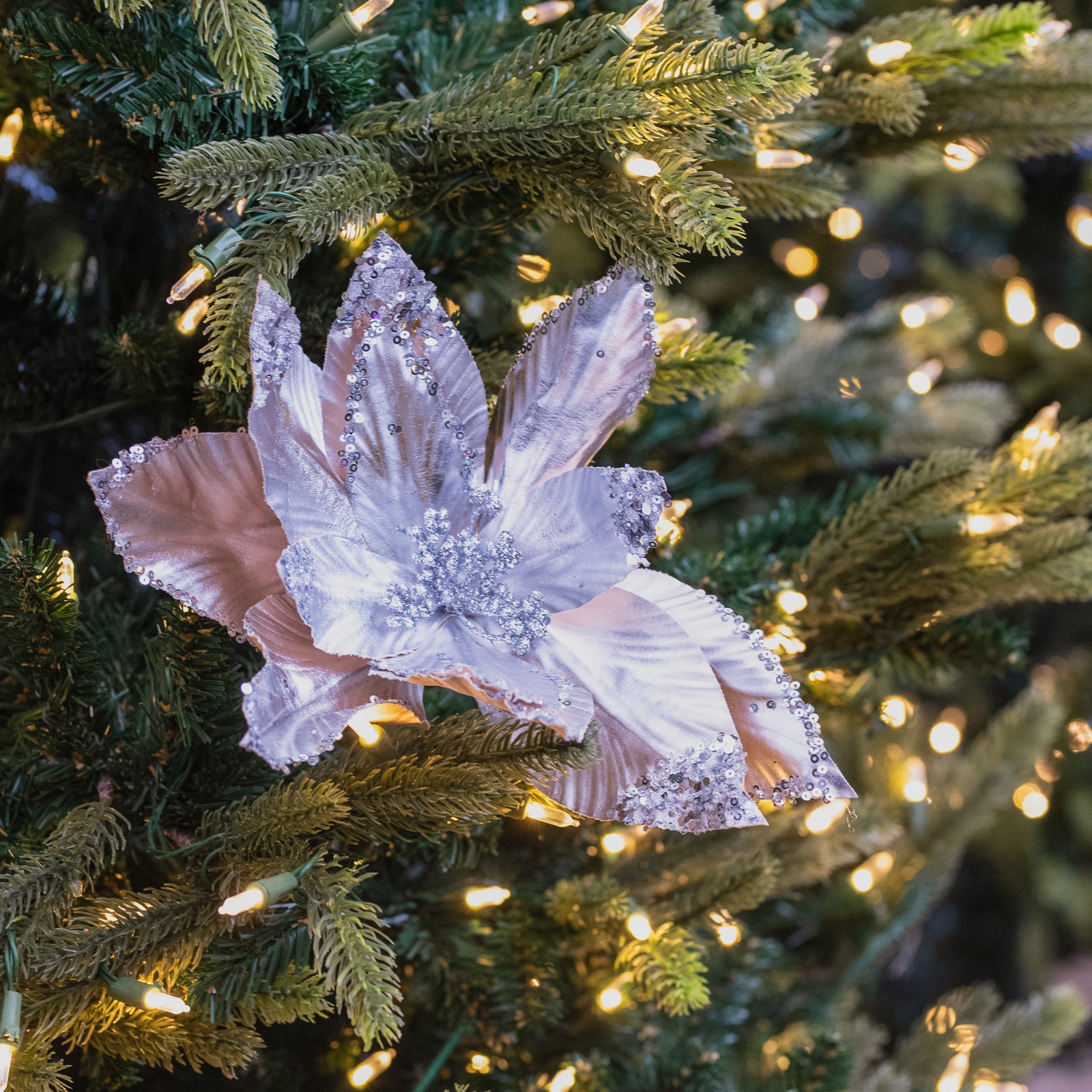 Metallic Sequin Poinsettia Stem Silver 24"