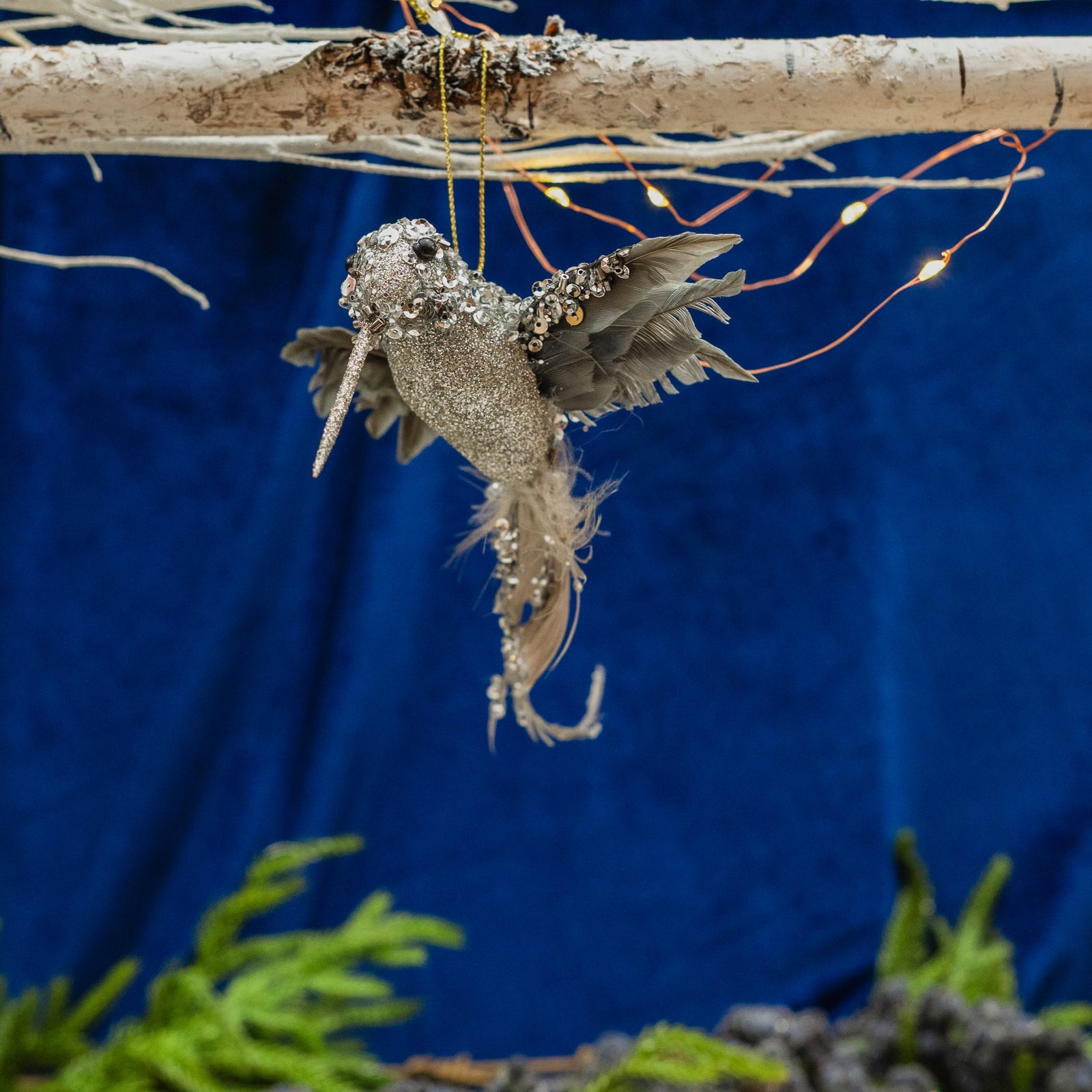 Beaded Hummingbird Ornament Grey 8"