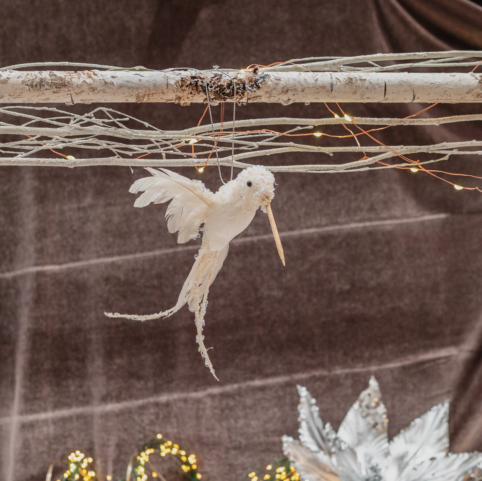 Beaded Hummingbird Ornament White 8"