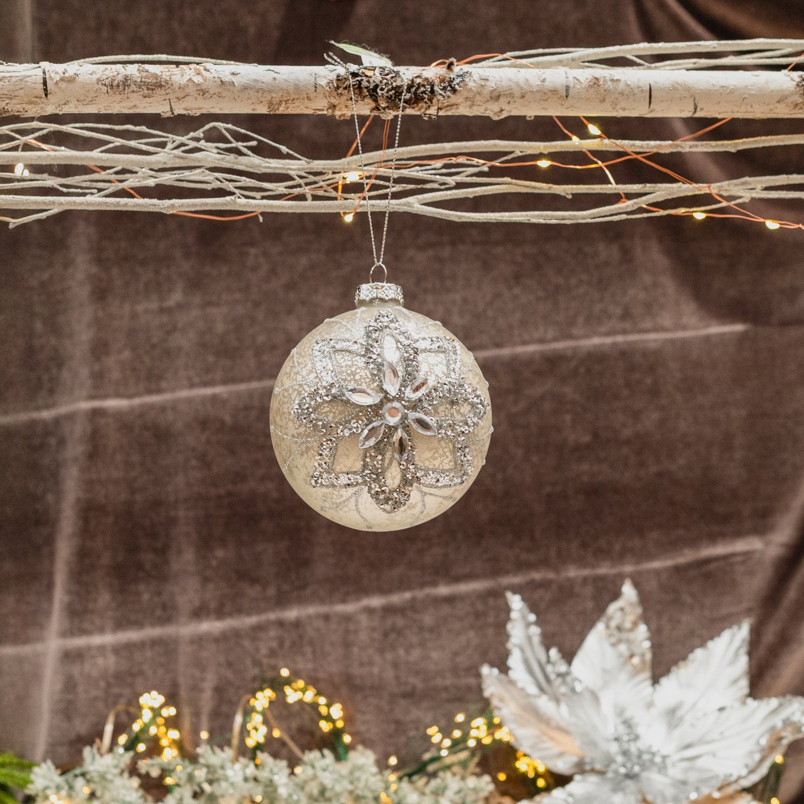 Glass Jewel Fluer Ball Ornament 4"