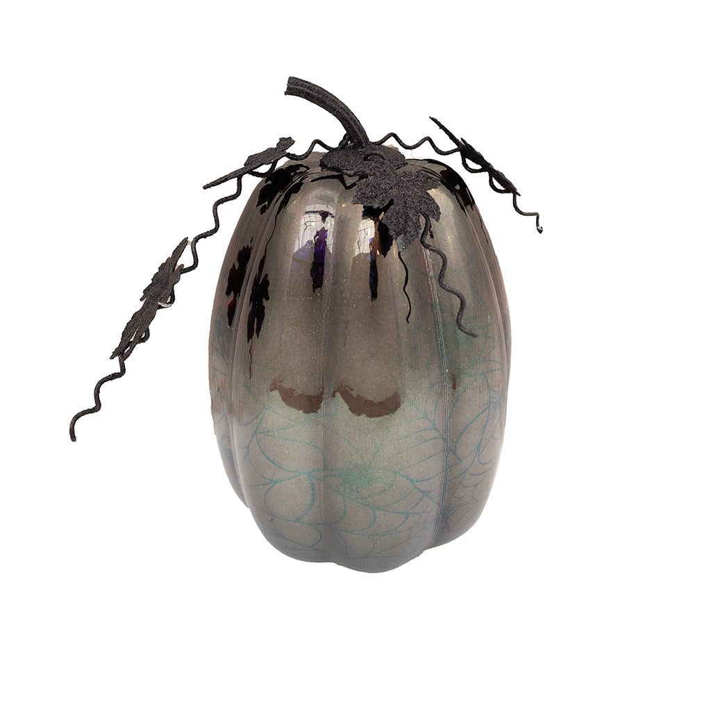 Mercury Glass Lighted Pumpkin Blue Spider Web