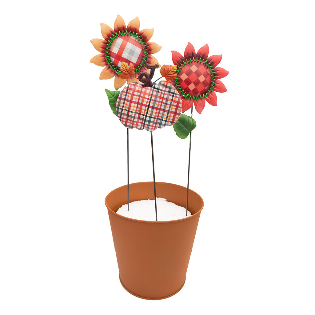 Checkered Pumpkin Metal Plant Pick 18"