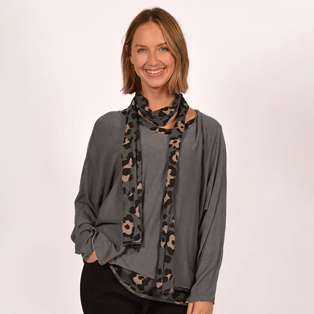 Grey Sweater with Leopard Print Scarf