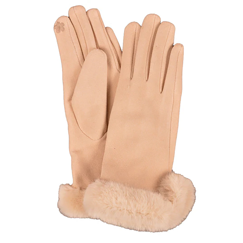 Faux Fur Trimmed Gloves Beige