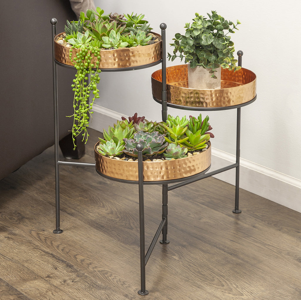 3-Tier Contemporary Hammered Trays Folding Plant Stand - Gun Metal Finsih