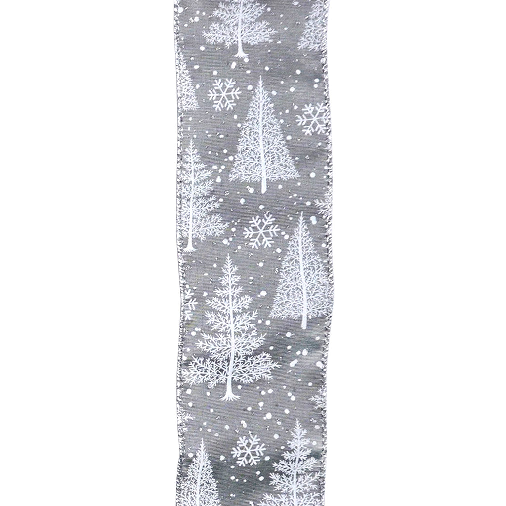 Grey with White Christmas Trees Wried Ribbon 2.5" x 10yds