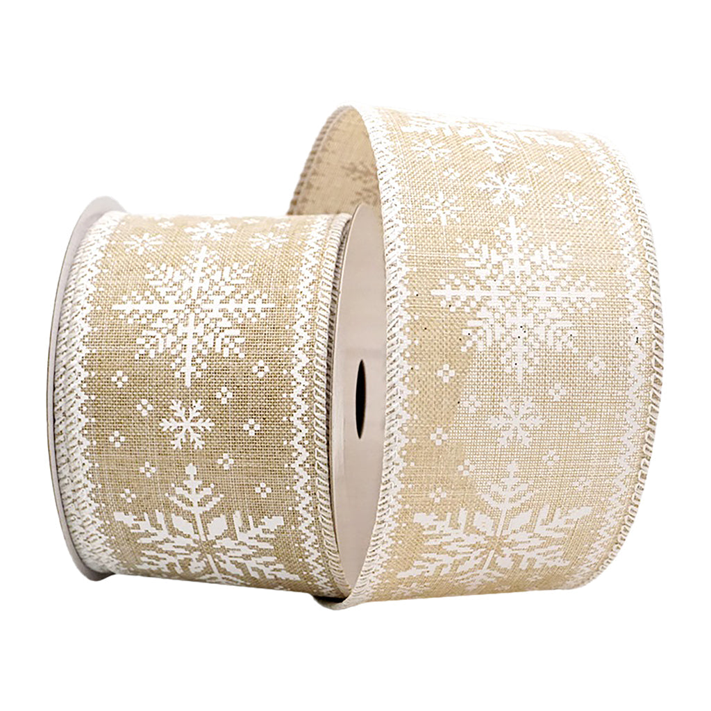 Burlap with White Embriodered Snowflakes Wired Ribbon 2.5" x 10yds