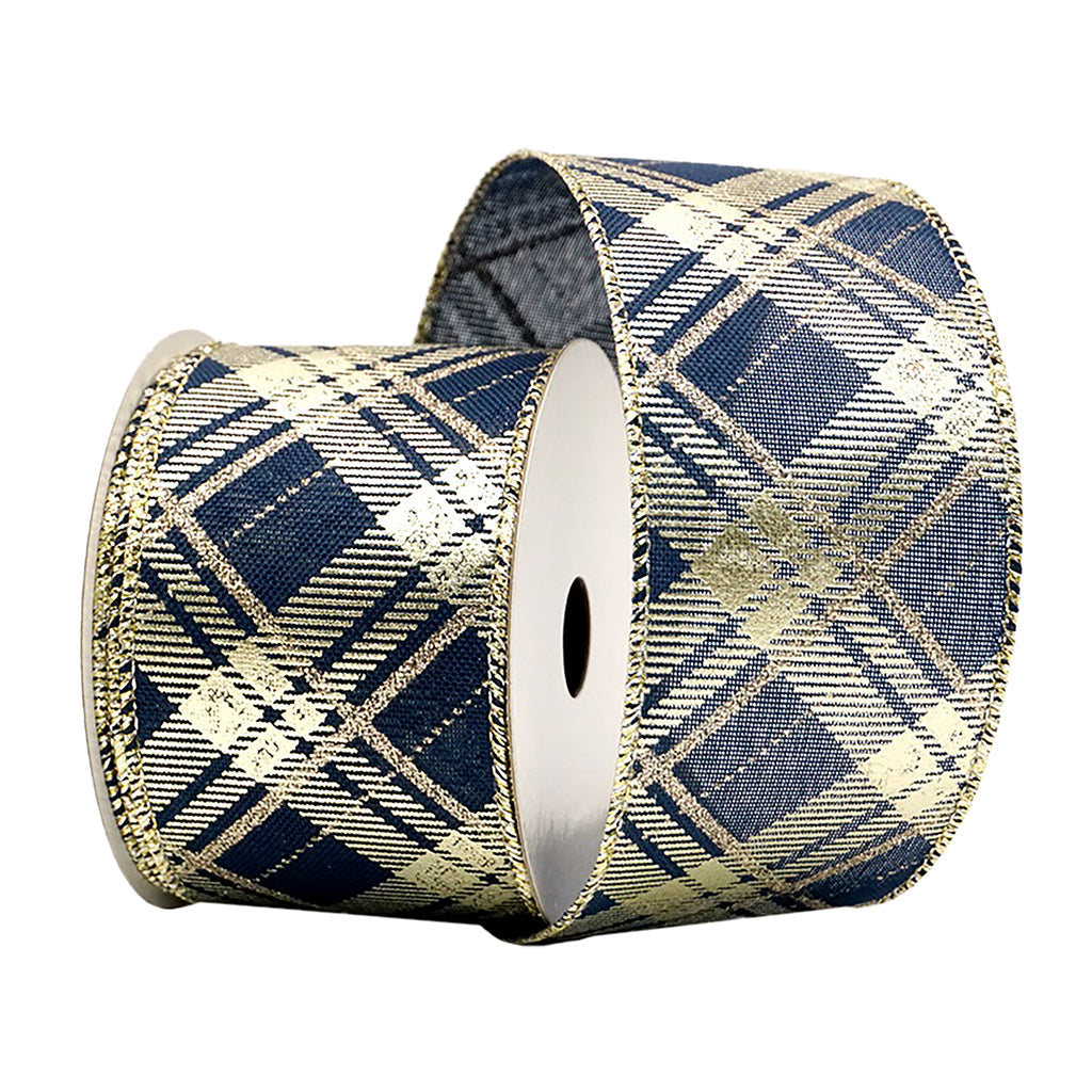 Navy and Gold Metallic Plaid Wired Ribbon 2.5" x 10yds