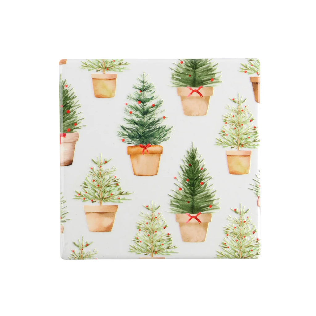 Holiday Trees In Pots Textured Printed Ceramic Coaster S/6 Multi