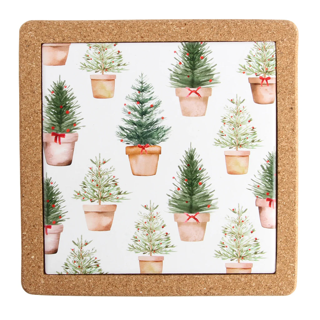 Holiday Trees In Pots Ceramic & Cork Trivet Oversized Multi