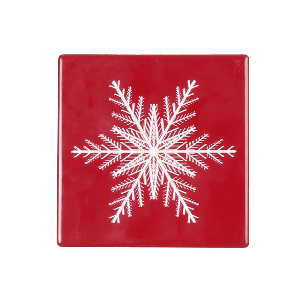 Merry Snowflake Textured Printed Ceramic Coaster S/6 Red