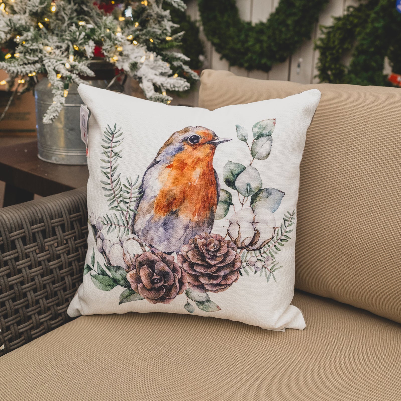 Robin On Evergreen Branches Pillow 18X18