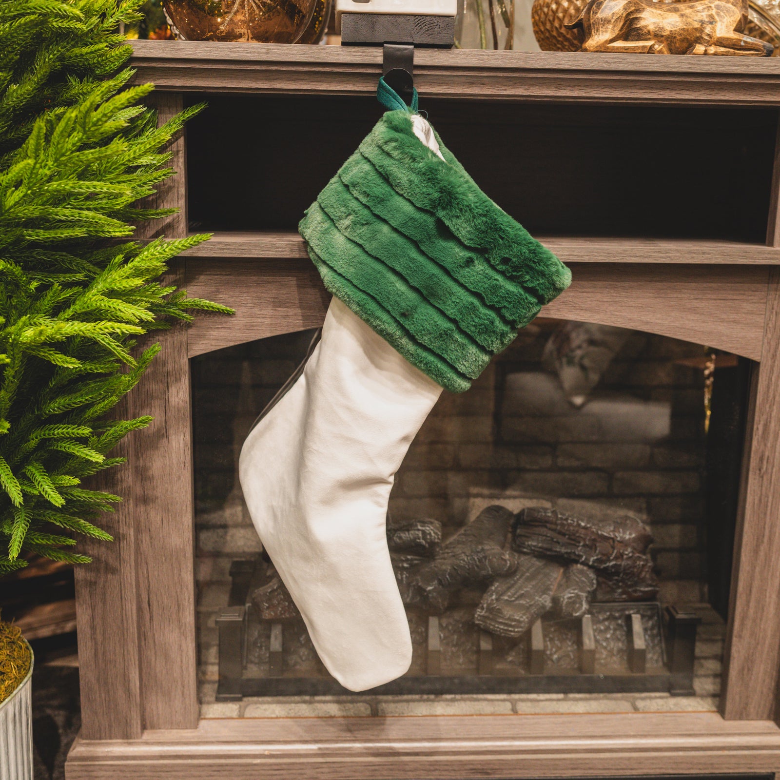 White Velvet Stocking With Emerald Faux Fur Cuff