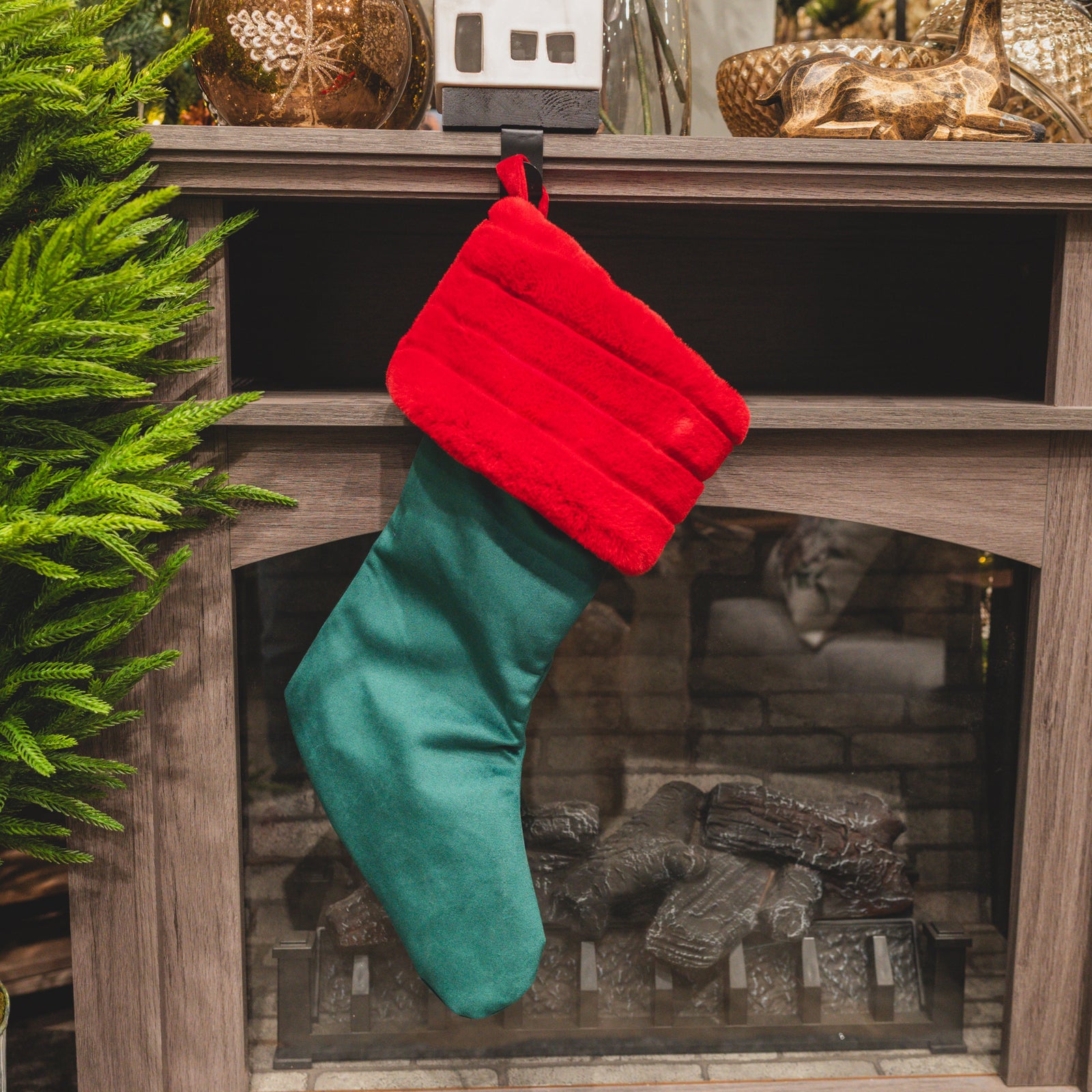 Emerald Velvet Stocking With Red Faux Fur Cuff