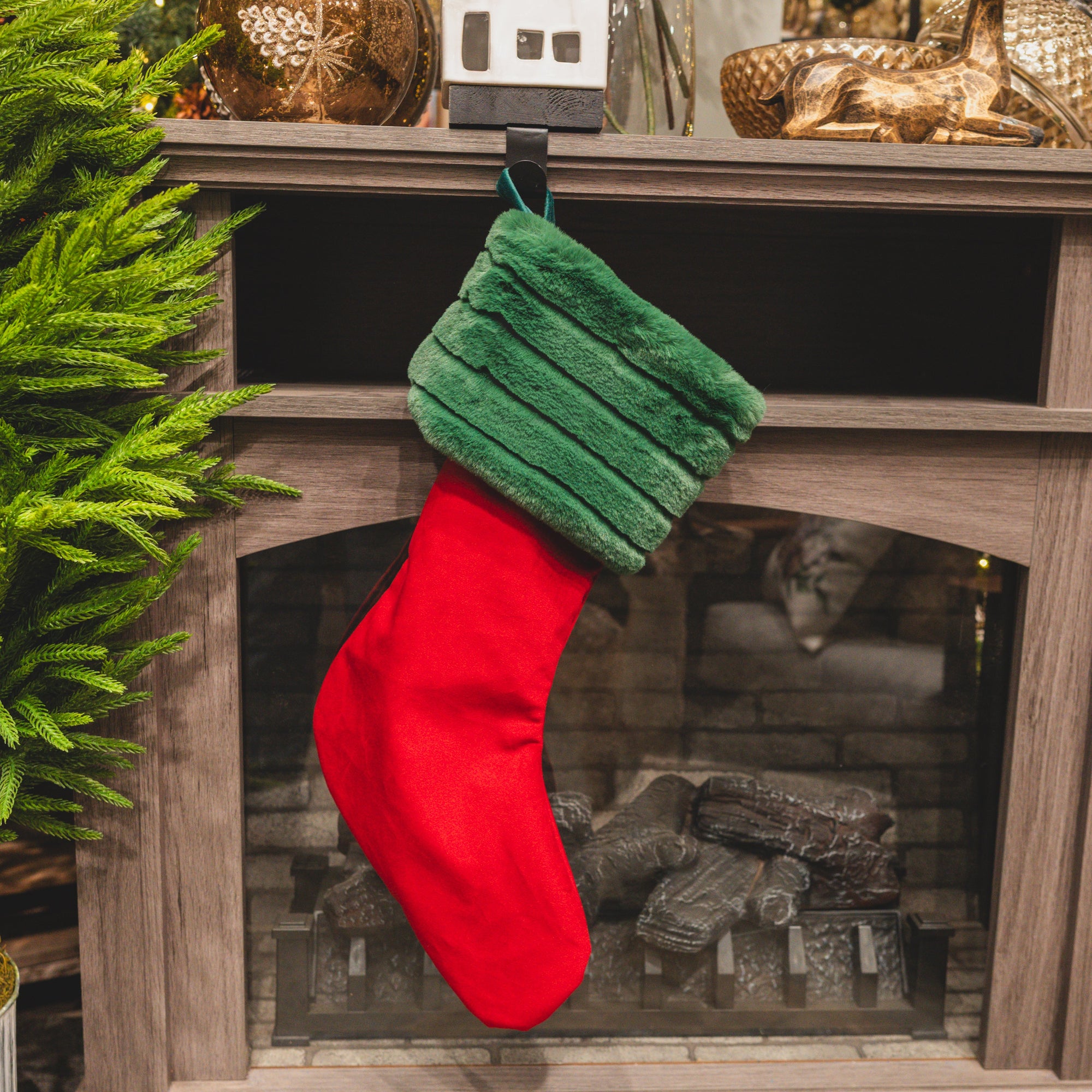 Red Velvet Stocking With Emerald Faux Fur Cuff