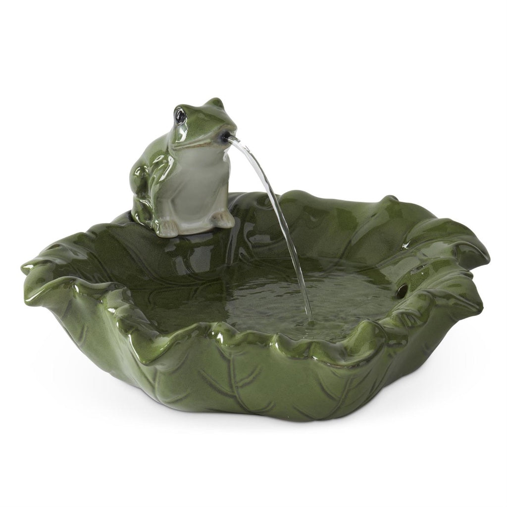 Green Leaf & Frog Ceramic Fountain 15.5In