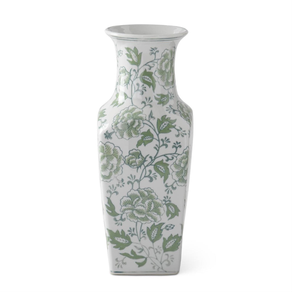 Green &amp; White Floral Ceramic Vase 14In