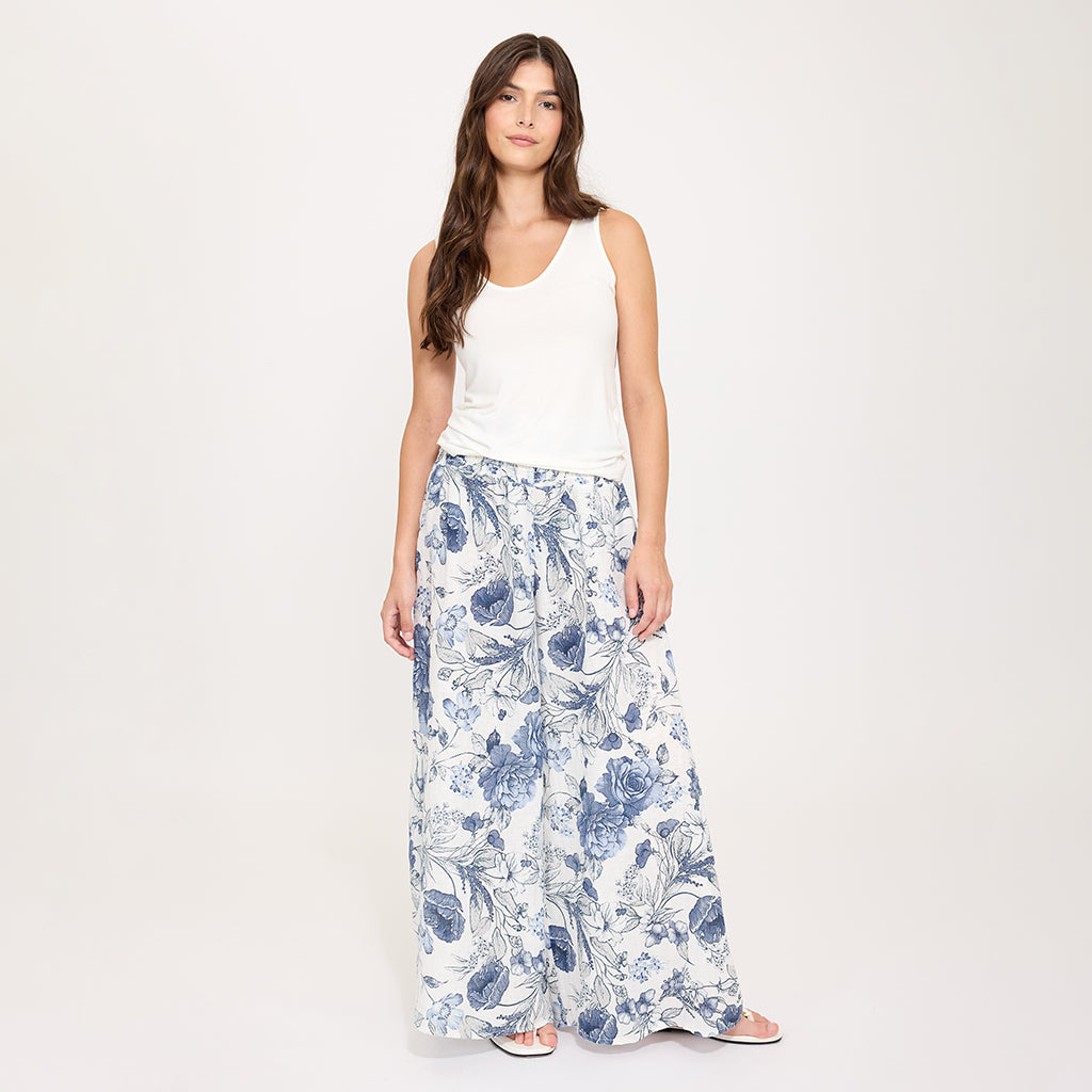 Linen Palazzo Pant in Blue Floral Print