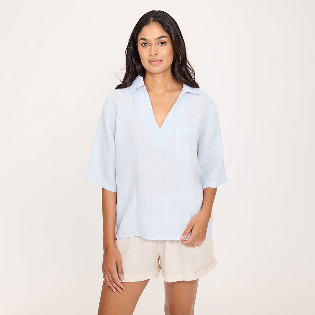 Linen Pull Over Blouse Cloud Blue