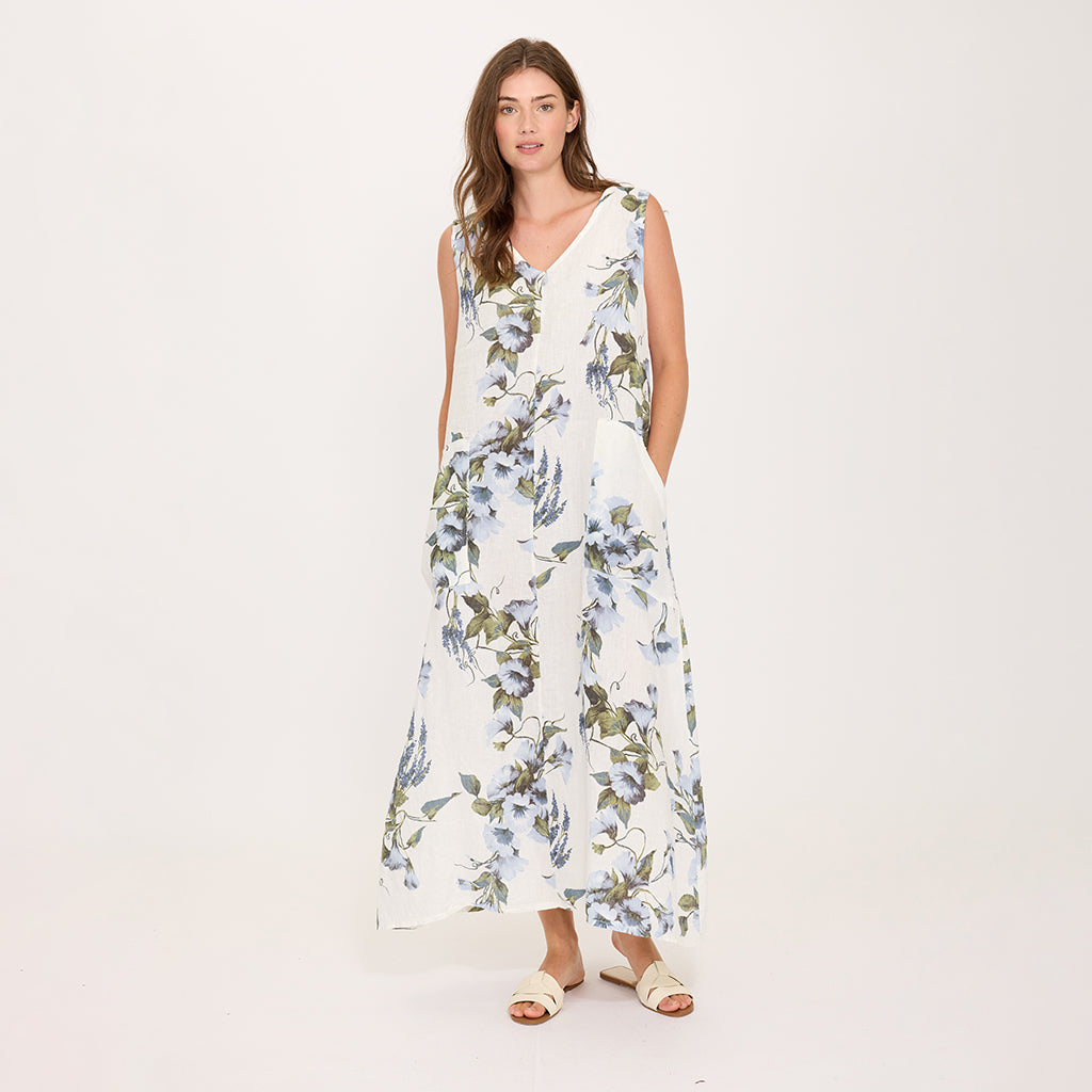Maxi V-Neck Linen Dress Blue Clustered Floral Print