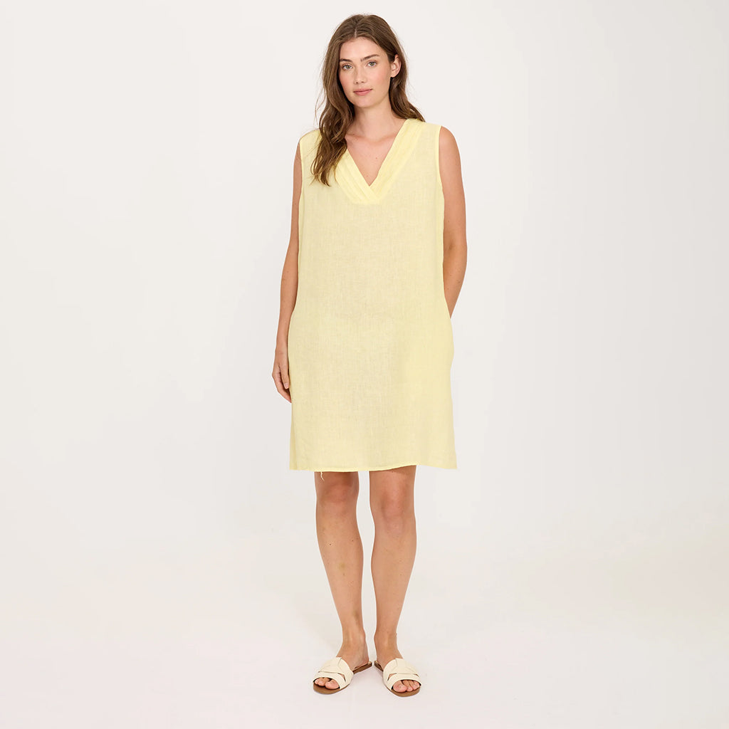Pleated V-Neck Linen Dress Butter Yellow