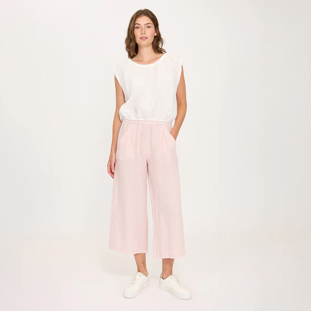 Pinstrip Cropped Linen Pant Pink Mist