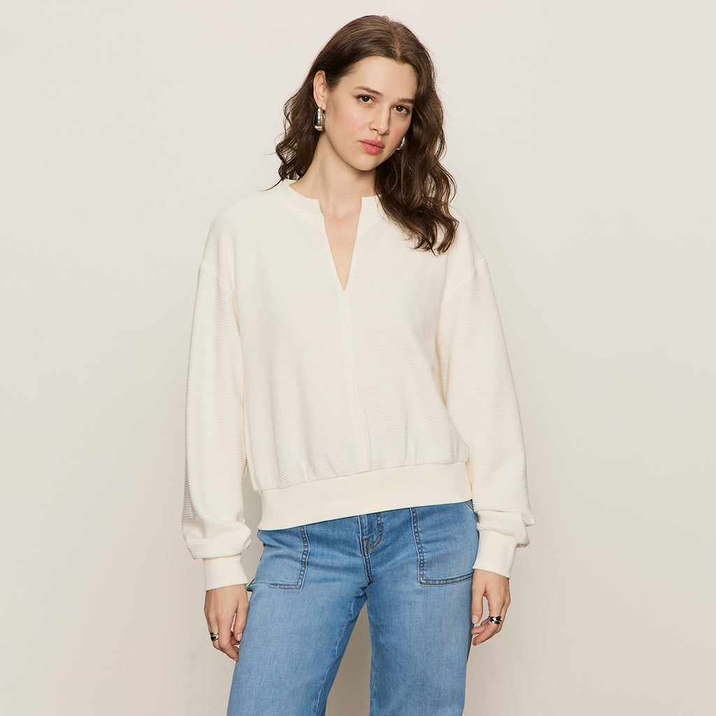 Split Neck Ribbed Top Chalk