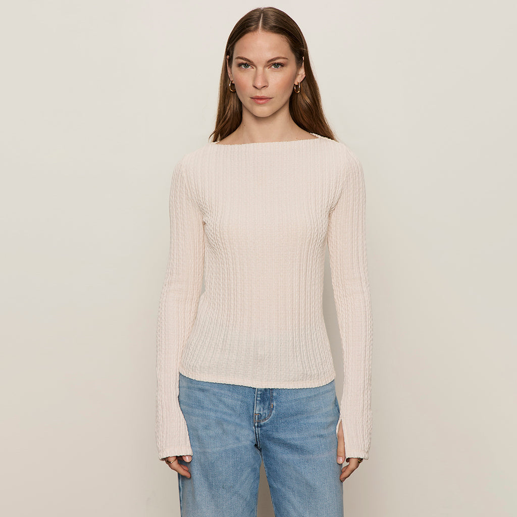 Long Sleeeve Boatneck Textured Top Pink Milk