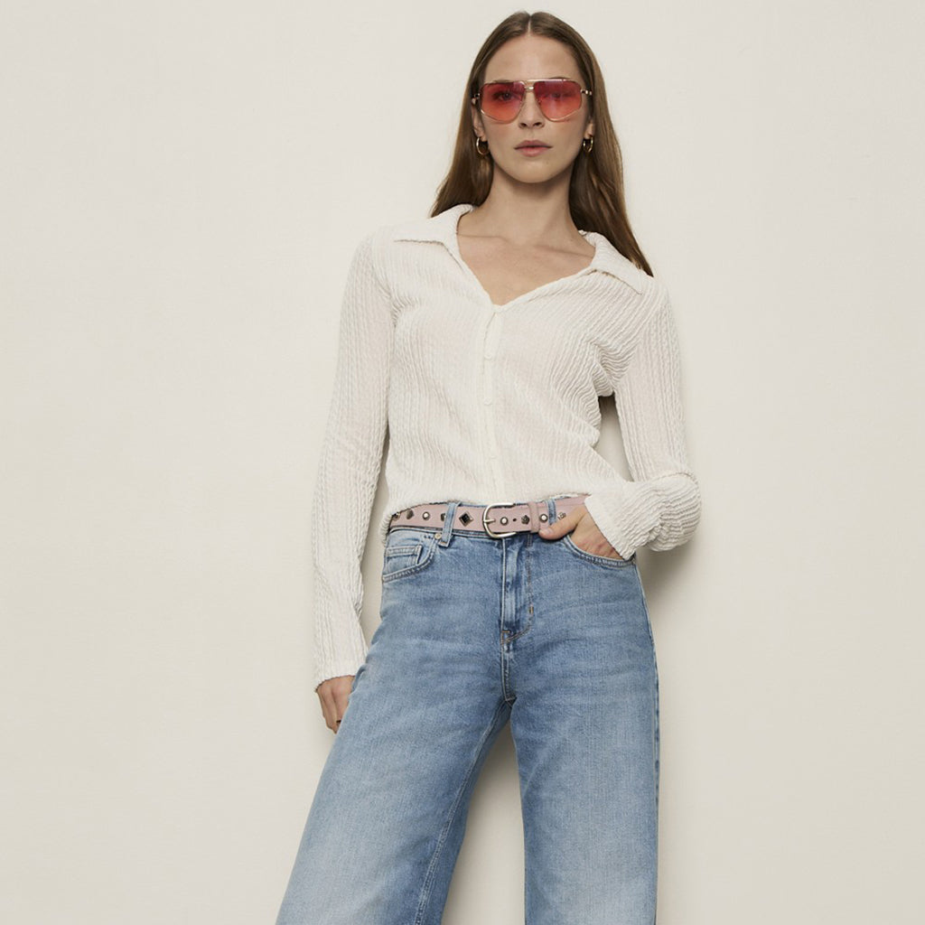 Button Down Textured Top Chalk