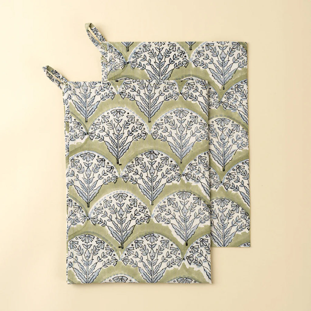 Sakura Block Print Tea Towel set of 2 Green