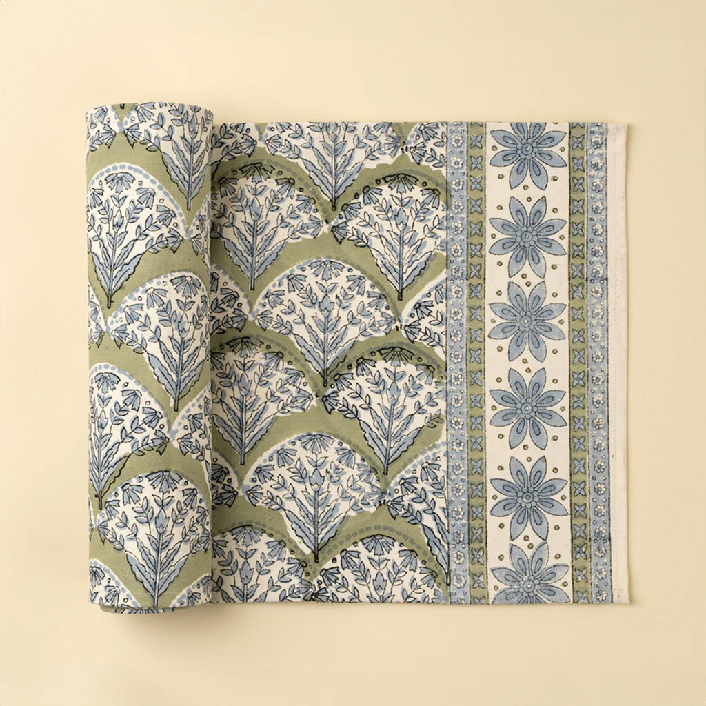 Sakura Block Print Table Runner Green 108"