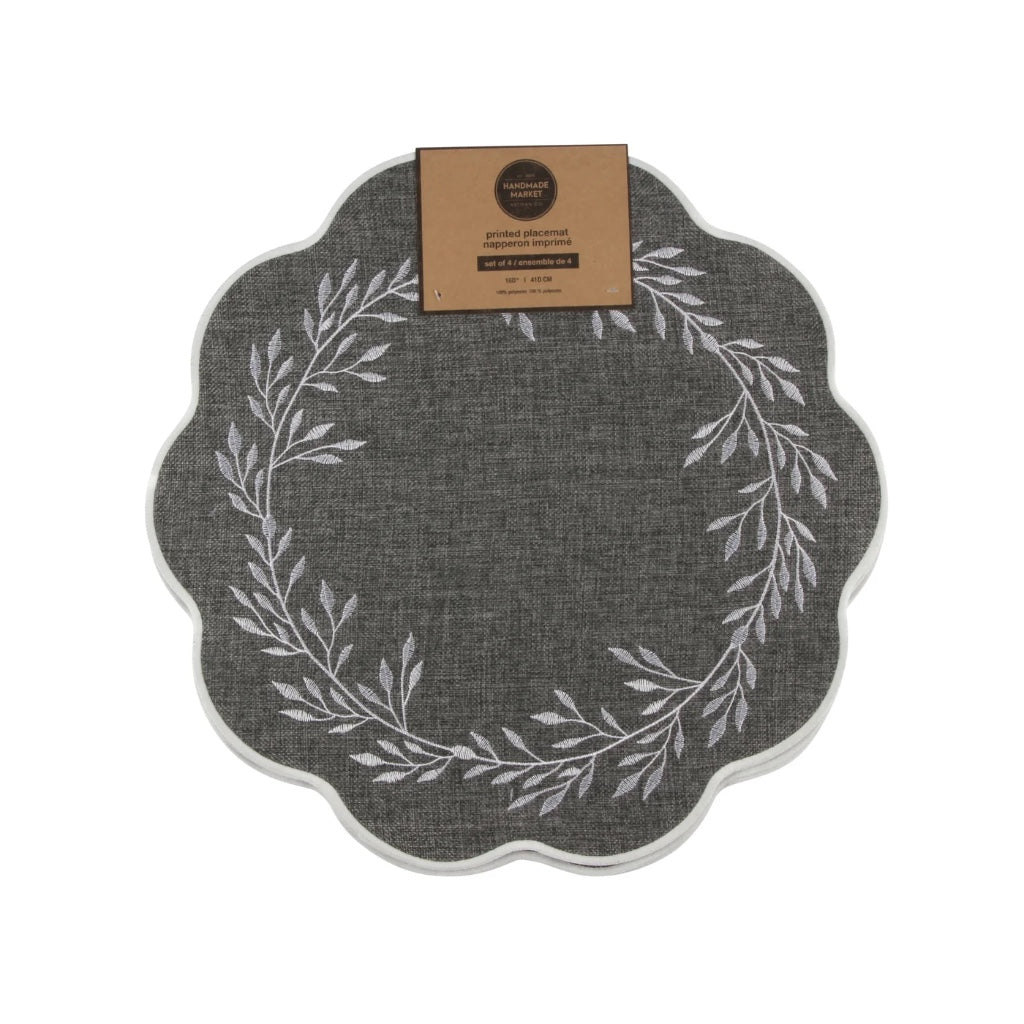 Embroidered Leaf Placemat set of 4 Charcoal