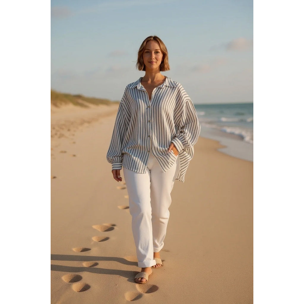 Cotton Gauze Stripe Shirt Blue Jean