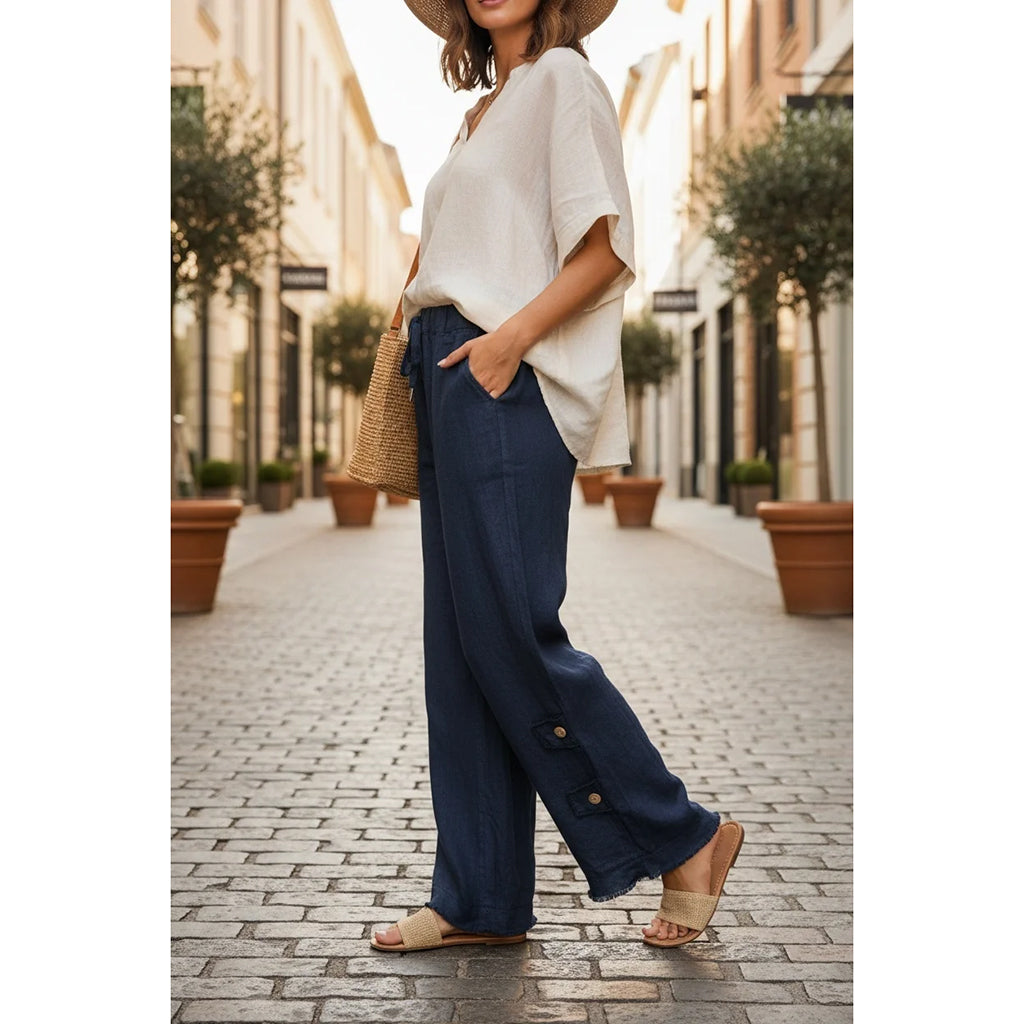Fray Edge Button Pants Navy