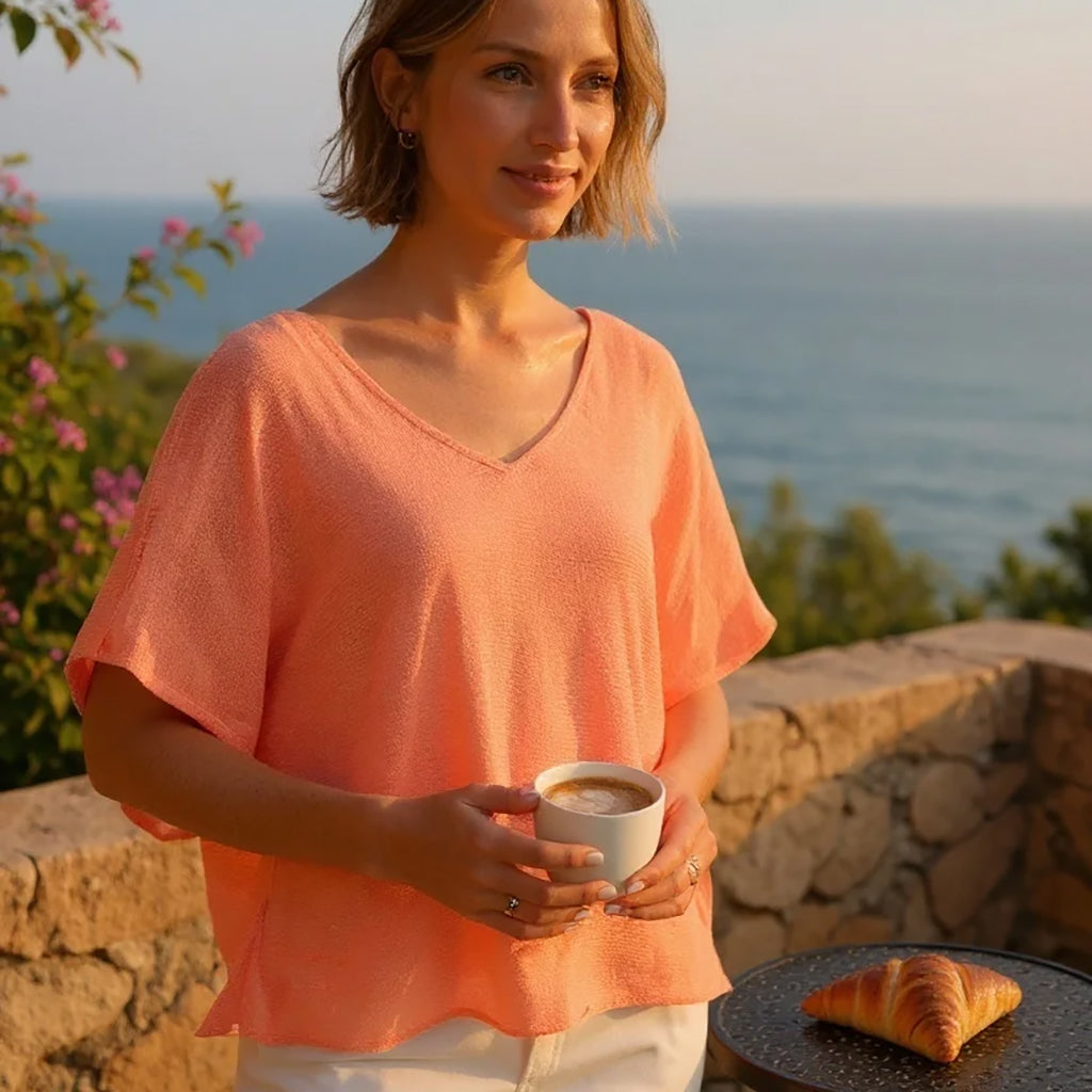 Orange Short Sleeve Vneck Knit Top