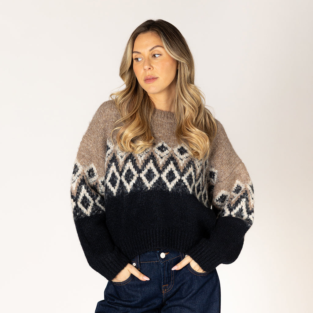 Fair Isle Crew Sweater Camel Black